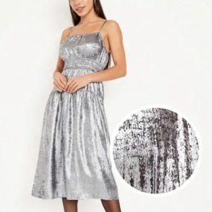 NEW| Silver Metallic Waist-Defined Cami Midi Dress